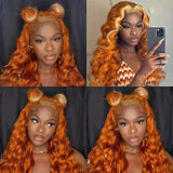 13x4 PRE-PLUCKED GINGER Blonde Highlight BODY WAVE HUMAN HAIR LACE FRONT WIG