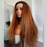 Bye~Bye~KNOTS HD Swiss Lace 13x6 Frontal Upgraded Hairline Ombre Honey Brown Yaki Straight Wig