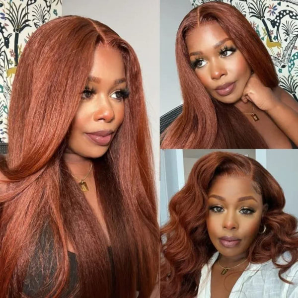 Reddish Brown Kinky Straight Human Hair Wig HD Lace 360 Lace Body Wave Upgraded Hairline Human Hair Wigs with Transparent Drawstring