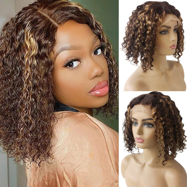 13X6 /13X6 Pre-plucked hairline Curly Highlight Bob Wig