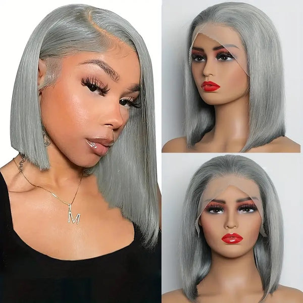 Grey Color Short Straight Lace Bob Wig 13×4 Transparent Lace Frontal Wig