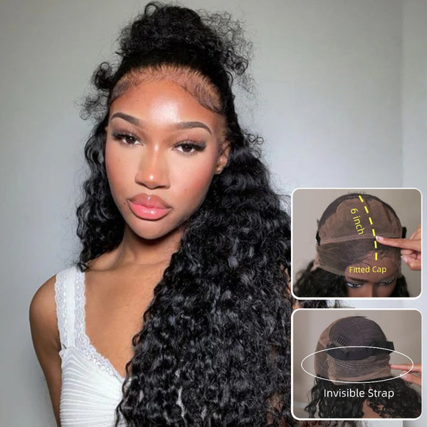 "370 Fitted Cap" HD SWISS LACE FRONT WIG WITH TRANSPARENT DRAWSTRING - Deep Wave