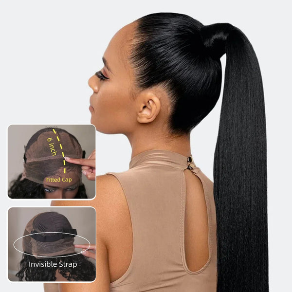 "370 Fitted Cap" HD SWISS LACE FRONT WIG WITH TRANSPARENT DRAWSTRING - Yaki Straight