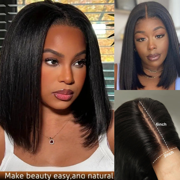 2x6 HD Swiss Lace Middle Part Closure Human Hair Bob Wig - Yaki Straight