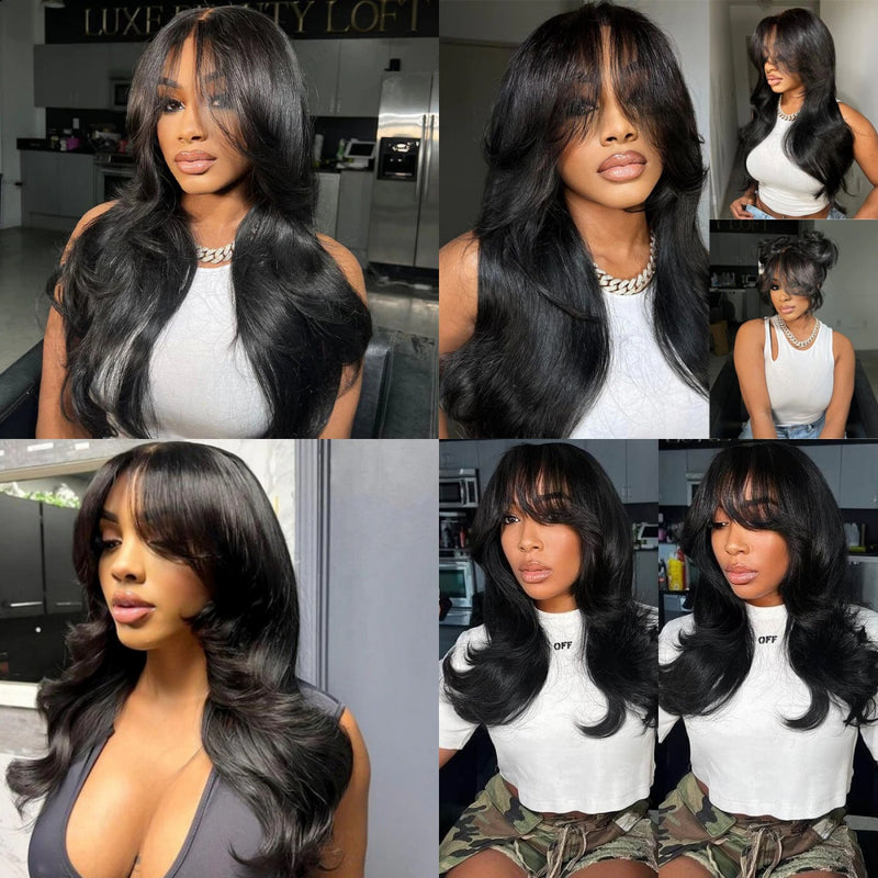 13x4 Transparent Lace Front Pre-plucked Hairline Human Hair Wig -  Body Wave With Curtain Bang