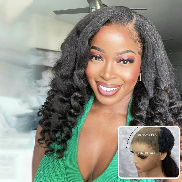 【Crazy】"3D DOME CAP" 9x6 HD  Lace Upgraded Hairline C-shape Ear Glueless Wig with Drawcord - Kinky Straight Loose Wave