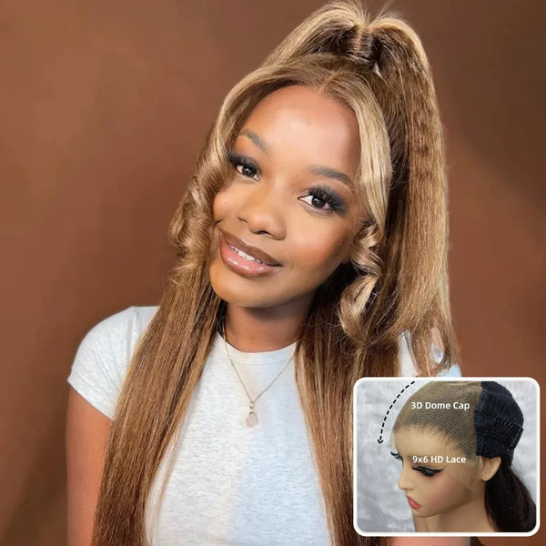 【Crazy】"3D DOME CAP" 9x6 HD  Lace Upgraded Hairline C-shape Ear  Highlight Color Glueless Wig with Drawcord - Kinky Straight