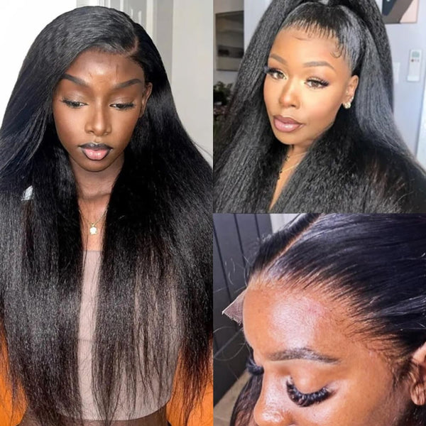 13X4 FULL FRONTAL HD LACE UPGRADED PREPLUCKED KINKY STRAIGHT HUMAN HAIR LACE FRONT WIG