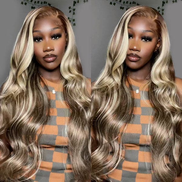 13x4 PRE-PLUCKED BLONDE HIGHLIGHT BODY WAVE HUMAN HAIR LACE FRONT WIG