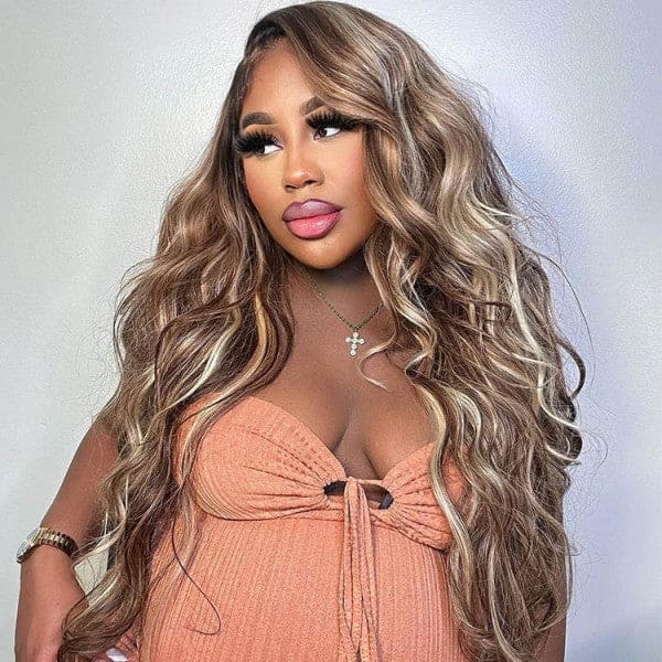 13x4 PRE-PLUCKED BLONDE HIGHLIGHT BODY WAVE HUMAN HAIR LACE FRONT WIG