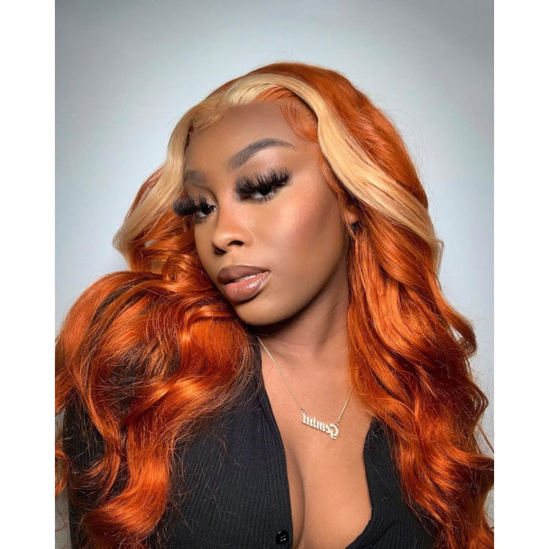 13x4 PRE-PLUCKED GINGER Blonde Highlight BODY WAVE HUMAN HAIR LACE FRONT WIG