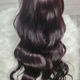 Deep burgundy body wave wig with transparent lace and pre-plucked hairline for natural side parting style