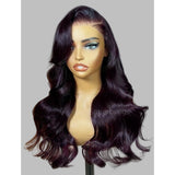 A dark burgundy body wave lace front wig with transparent lace and natural side parting in voluminous waves