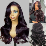 Deep burgundy body wave lace front wig with transparent lace and natural side parting featuring voluminous layers