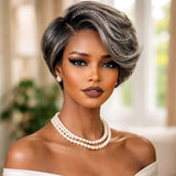 13x4 Transparent Lace Front Pre-plucked Salt and Pepper Gray Color Wig - Styled Piexie