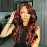 13x6 Full Frontal Transparent Lace Reddish Brown Highlight  Color  Wig -  Body Wavy