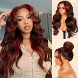 13x6 Full Frontal Transparent Lace Reddish Brown Highlight  Color  Wig -  Body Wavy