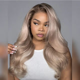 13x6 Transparent Lace Front Pre-plucked Ash Blonde with Dark Roots Ombre Color Human Hair Wig -  Wavy