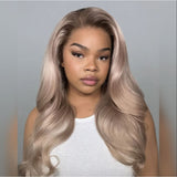13x6 Transparent Lace Front Pre-plucked Ash Blonde with Dark Roots Ombre Color Human Hair Wig -  Wavy