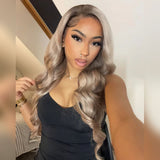 13x6 Transparent Lace Front Pre-plucked Ash Blonde with Dark Roots Ombre Color Human Hair Wig -  Wavy
