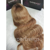 Long wavy blonde human hair wig with natural gradient and 13x6 transparent lace front pre-plucked hairline ombre color