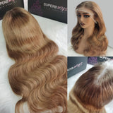 Wavy long human hair wig with 13x6 transparent lace front pre-plucked hairline and blonde to light brown ombre color