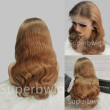 Wavy honey-blonde 13x6 transparent lace front human hair wig with natural root gradient and pre-plucked hairline