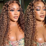 13x6 Transparent Lace Front Preplucked 250% Brown Highlight Color Wig - Water Wave