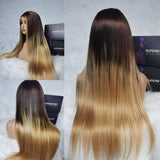 A 13x6 transparent lace front preplucked highlight ombre wig with dark brown roots and light blonde straight hair