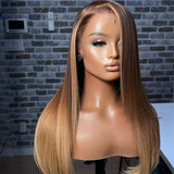 Straight 13x6 transparent lace front preplucked highlight ombre wig with blonde to brown smooth hair texture