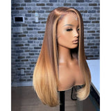A 13x6 transparent lace front preplucked highlight ombre straight wig with dark brown to blonde gradient