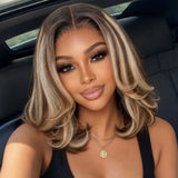 13x6 Transparent Lace Full Frontal Pre-plucked Ash Blonde with Dark Roots Ombre Color Human Hair Wig - Layered BOB