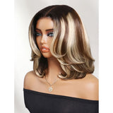 13x6 Transparent Lace Full Frontal Pre-plucked Ash Blonde with Dark Roots Ombre Color Human Hair Wig - Layered BOB