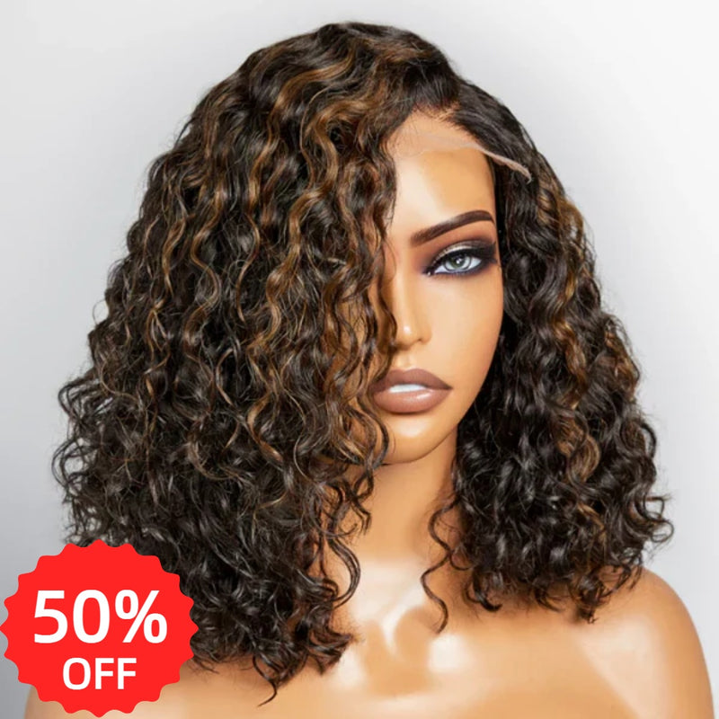 [50% OFF]HALF PRICE /// 5x5 /13x4 Transparent Lace C-part Brown Highlight Color Wig - Water Wave  Bob