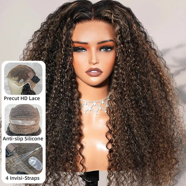 【Upgraded】PreCut 4-Line Invisible Strap 360 HD Lace Highlight Color Wig - Jerry Curly