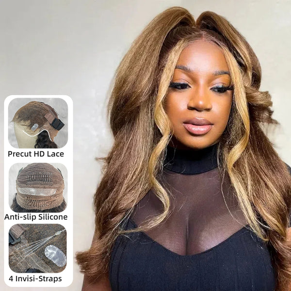 【Upgraded】PreCut 4-Line Invisible Strap 360 HD Lace Highlight Color Wig - Yaki Wave