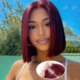 2x6 Transparent Lace Middle Part Closure Burgundy Color Human Hair Bob Wig - Straight
