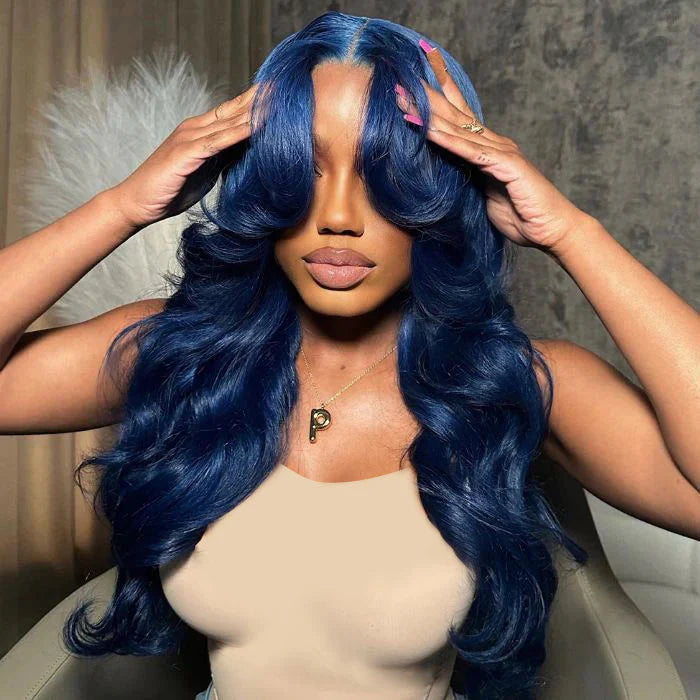 13x4/13x6 Transparent Lace Pre-plucked Hairline 150%180% Dark Blue Color Wig - Body Wave with Curtain Bang