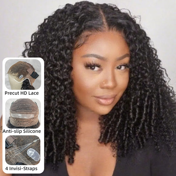 【Upgraded】PreCut 4-Line Invisible Strap 360 HD Lace Wig - Curly with Finger Coil Ends