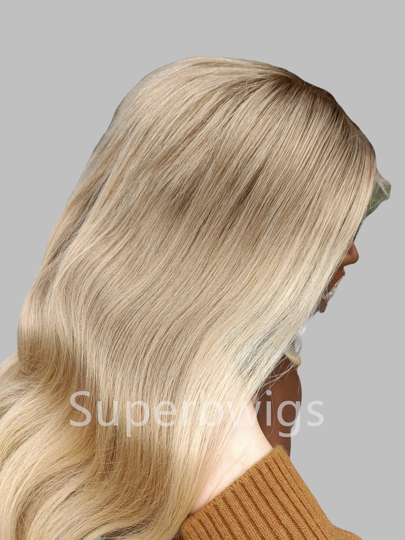 【LUX HAIR】5x5/13x4 HD Swiss Lace Pre-plucked Ash Blonde Ombre Color 180% Human Hair Wig - Wavy