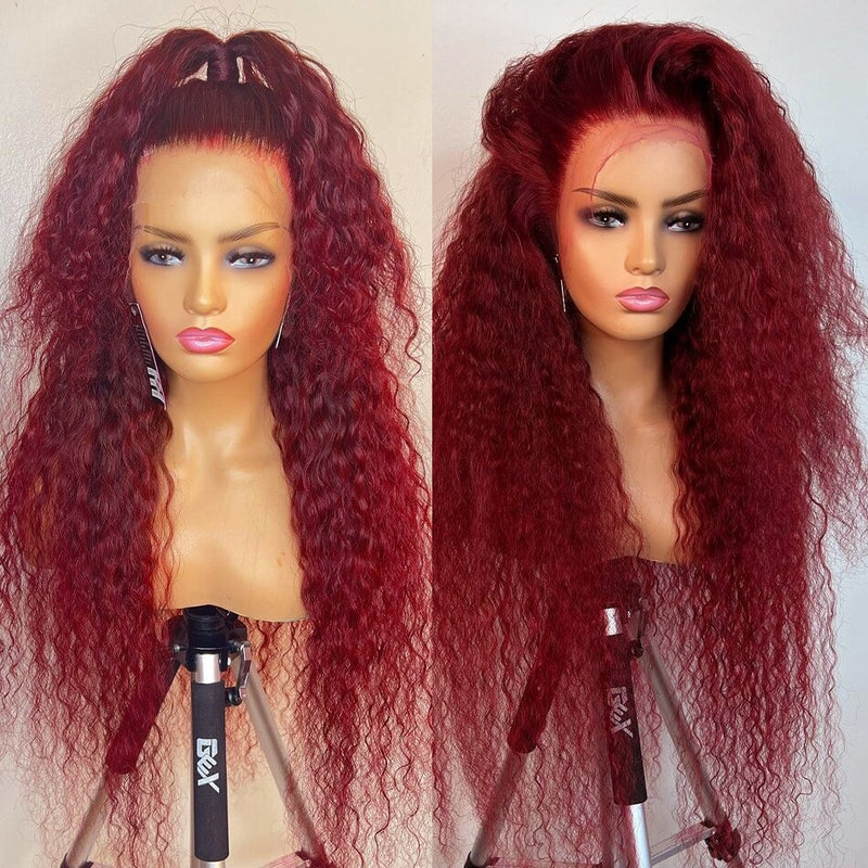 13x4 Transparent Lace Front Light Burgundy Red Color Preplucked  Human Hair Wig -  Deep Wave