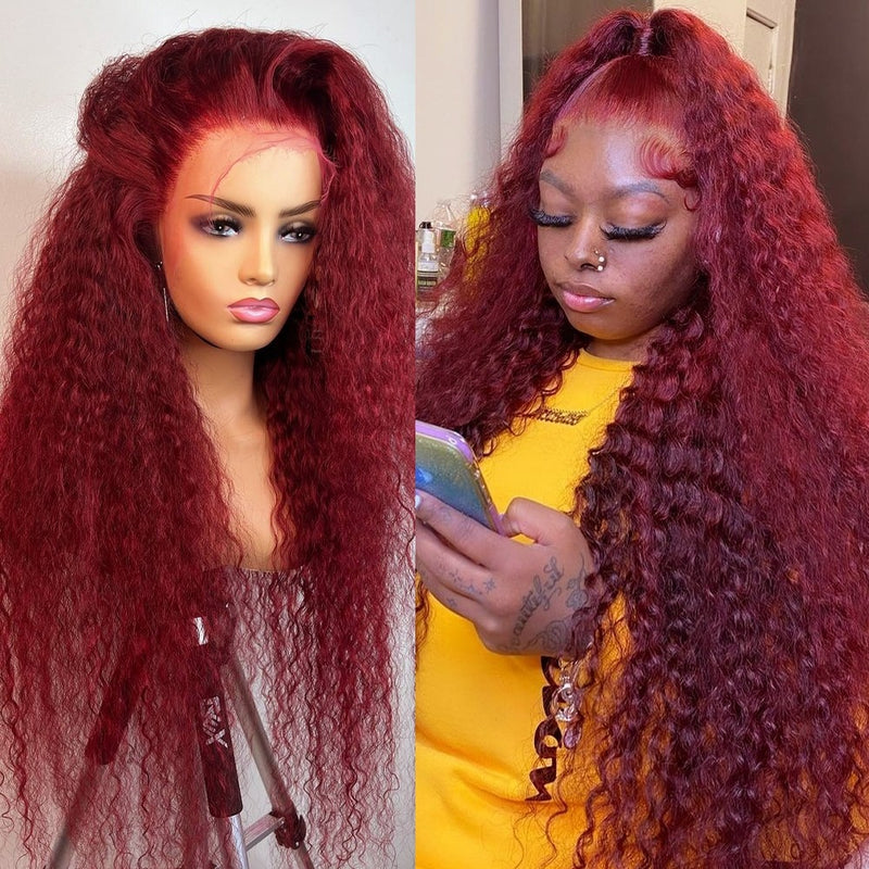 13x4 Transparent Lace Front Light Burgundy Red Color Preplucked  Human Hair Wig -  Deep Wave