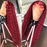 13x4 Transparent Lace Front Light Burgundy Red Color Preplucked  Human Hair Wig -  Deep Wave