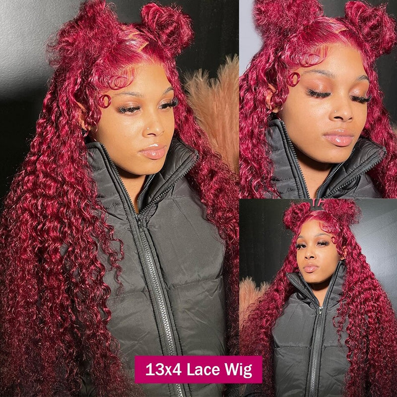 13x4 Transparent Lace Front Light Burgundy Red Color Preplucked  Human Hair Wig -  Deep Wave