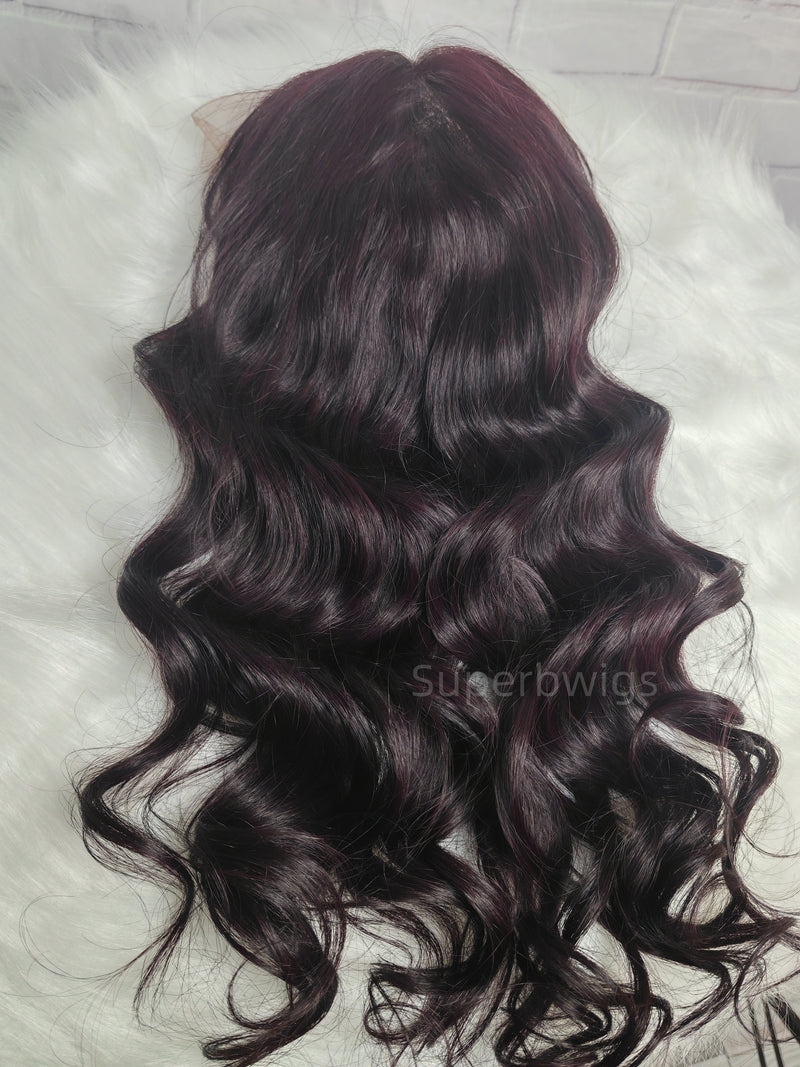 13x4 Transparent Lace Front Pre-plucked Hairline Dark Burgundy Wig -  Body Wave Side Parting