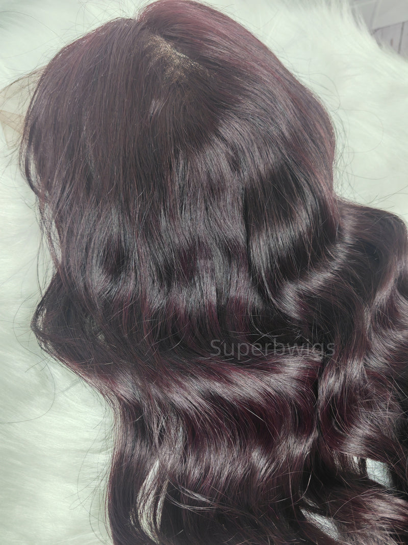 13x4 Transparent Lace Front Pre-plucked Hairline Dark Burgundy Wig -  Body Wave Side Parting