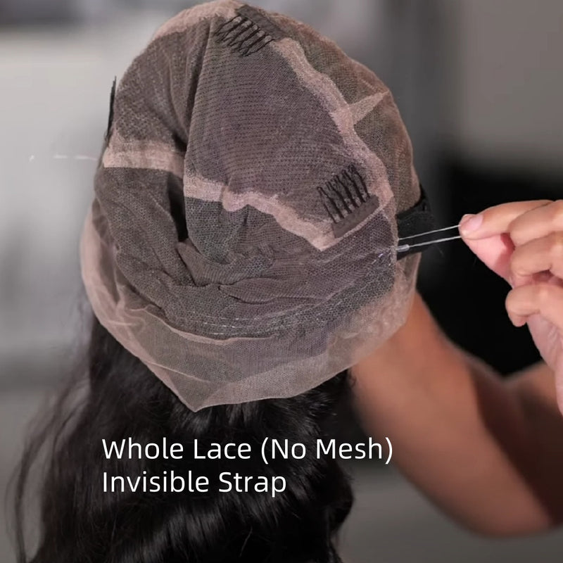 WHOLE LACE NO MESH HD LACE HUMAN HAIR WIG WITH TRANSPARENT DRAWSTRING - Body Wave