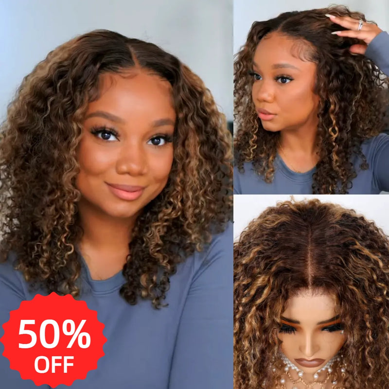 [50% OFF]HALF PRICE /// 4x4 / 5x5 Transparent Lace Ombre Honey Brown Highlight Color Wig - Curly Bob