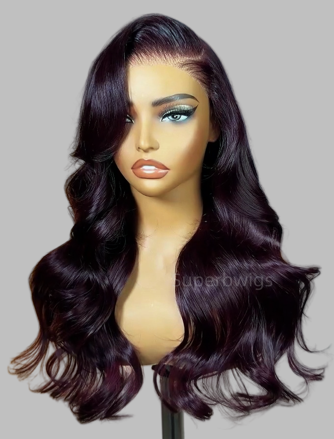 13x4 Transparent Lace Front Pre-plucked Hairline Dark Burgundy Wig -  Body Wave Side Parting