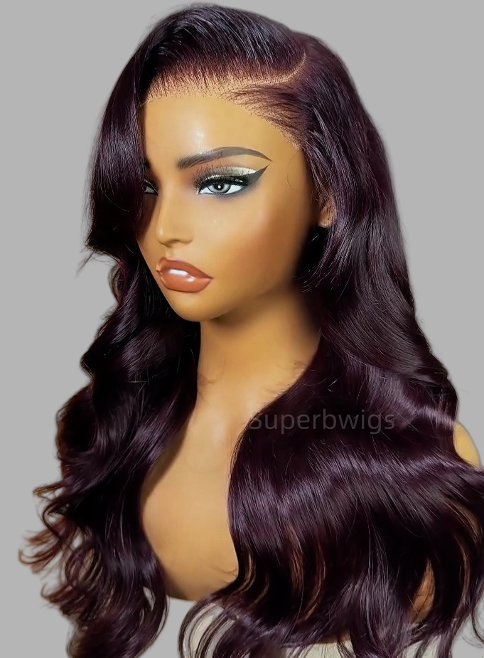 13x4 Transparent Lace Front Pre-plucked Hairline Dark Burgundy Wig -  Body Wave Side Parting